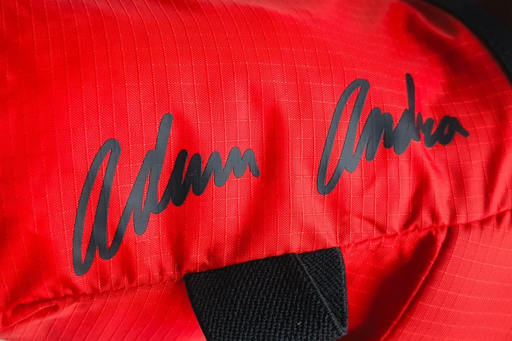 Adam Ondra Sender Light Chalk Bag detail on printed signature