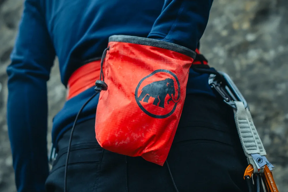 Adam using his Mammut Sender Light Chalk Bag